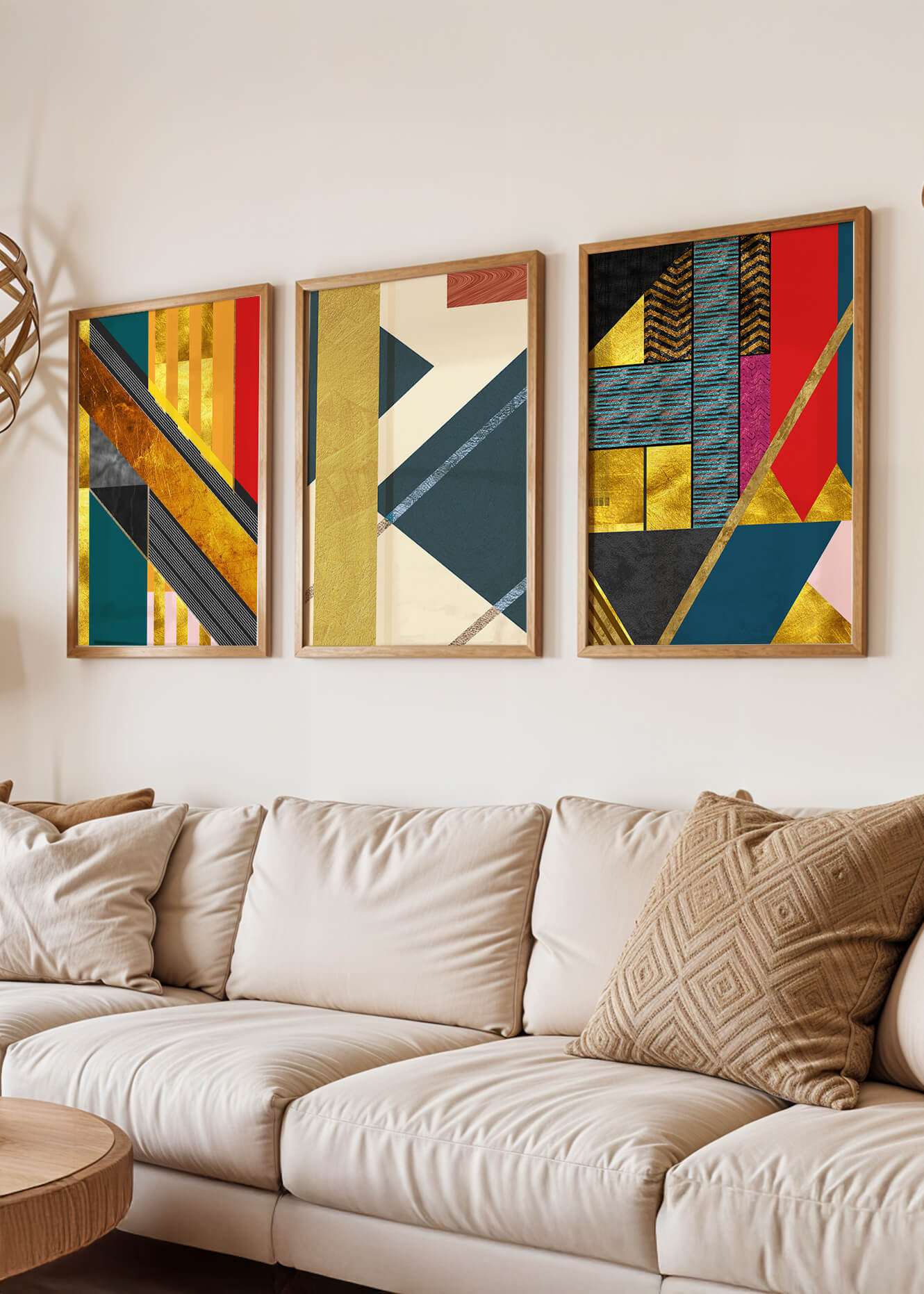 Conjunto de Tres Lienzos Abstractos Geométricos en Colores Vivos y Elementos Dorados