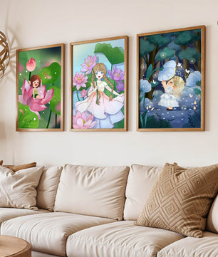 Triptyque enfantin d'art fantastique avec des filles parmi les fleurs