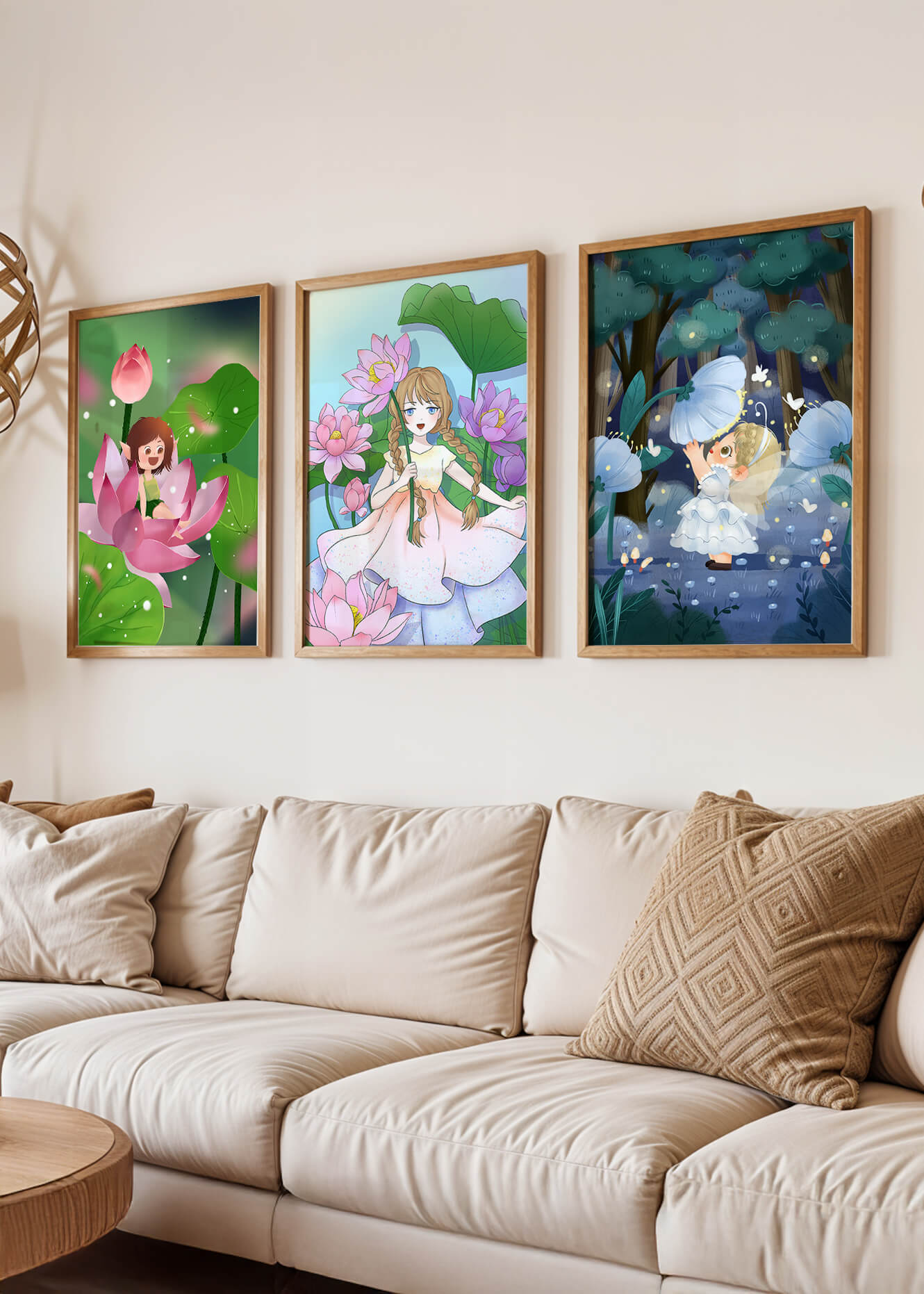 Triptyque enfantin d'art fantastique avec des filles parmi les fleurs