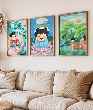 Trois illustrations d'enfants dans un style asiatique avec des éléments de la nature