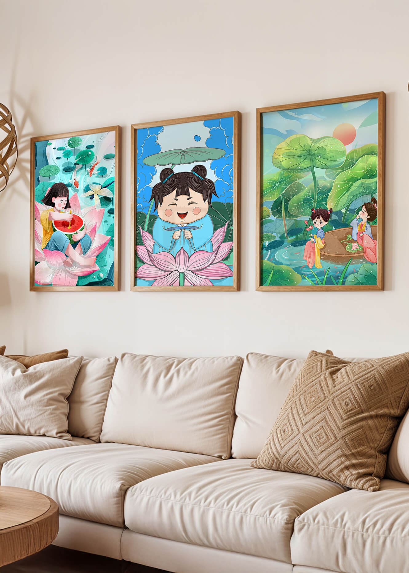 Trois illustrations d'enfants dans un style asiatique avec des éléments de la nature