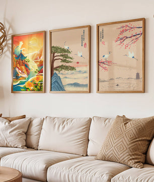 Images de paysages orientaux avec des grues et des dragons