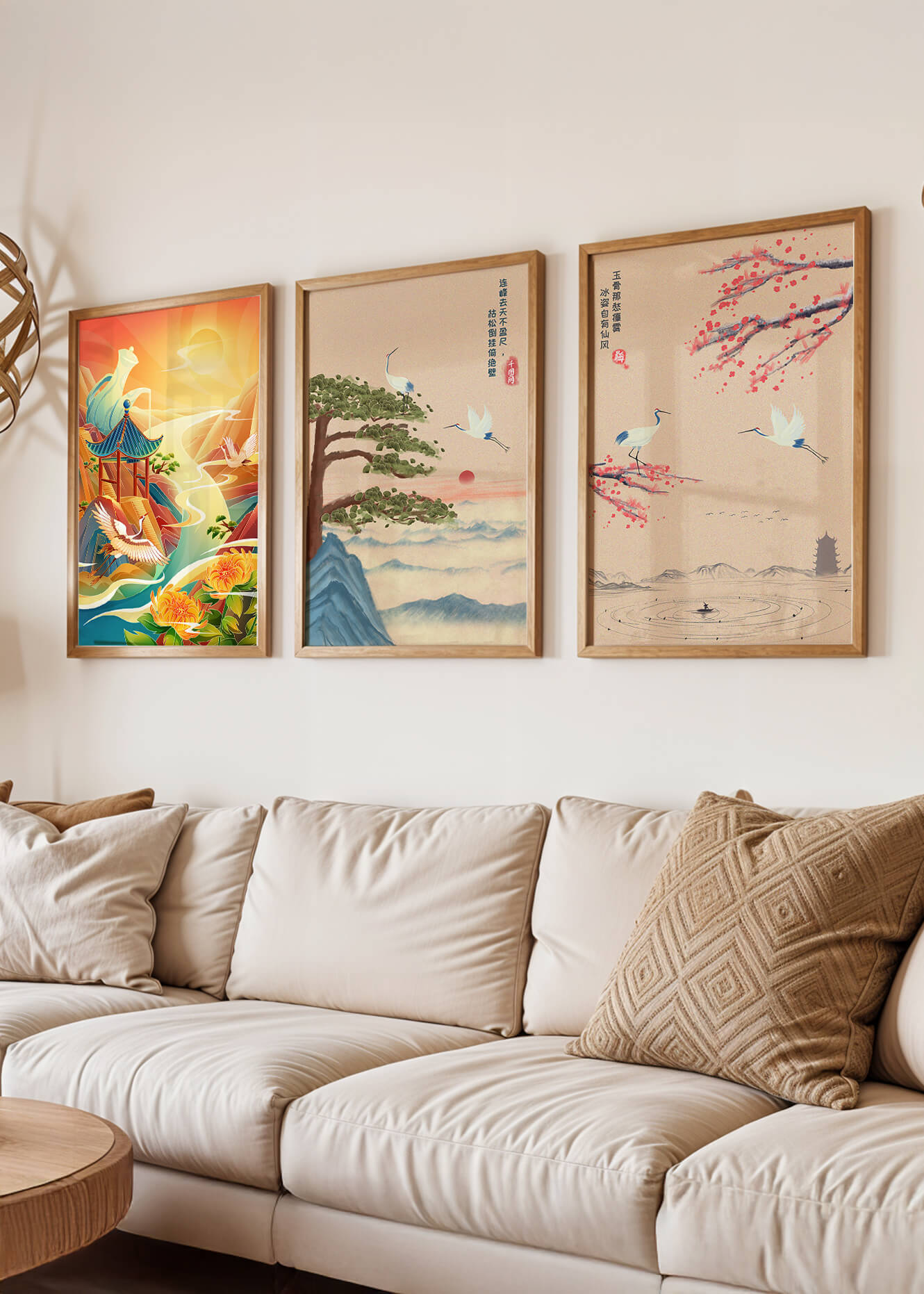 Images de paysages orientaux avec des grues et des dragons