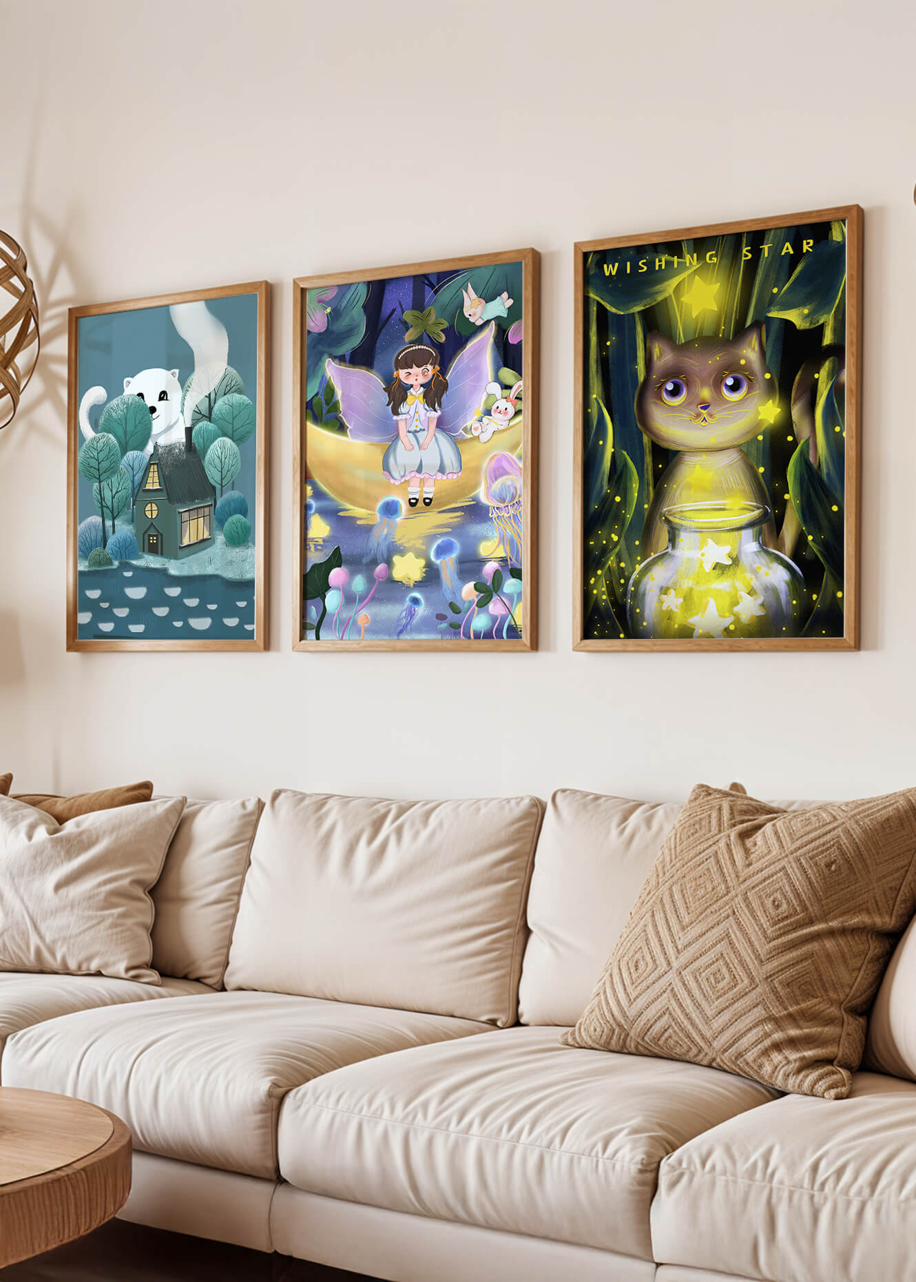 Mur avec trois tableaux artistiques sans cadre dans un environnement lumineux