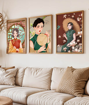 Cuadros Decorativos con Mujeres y Motivos Florales Asiáticos