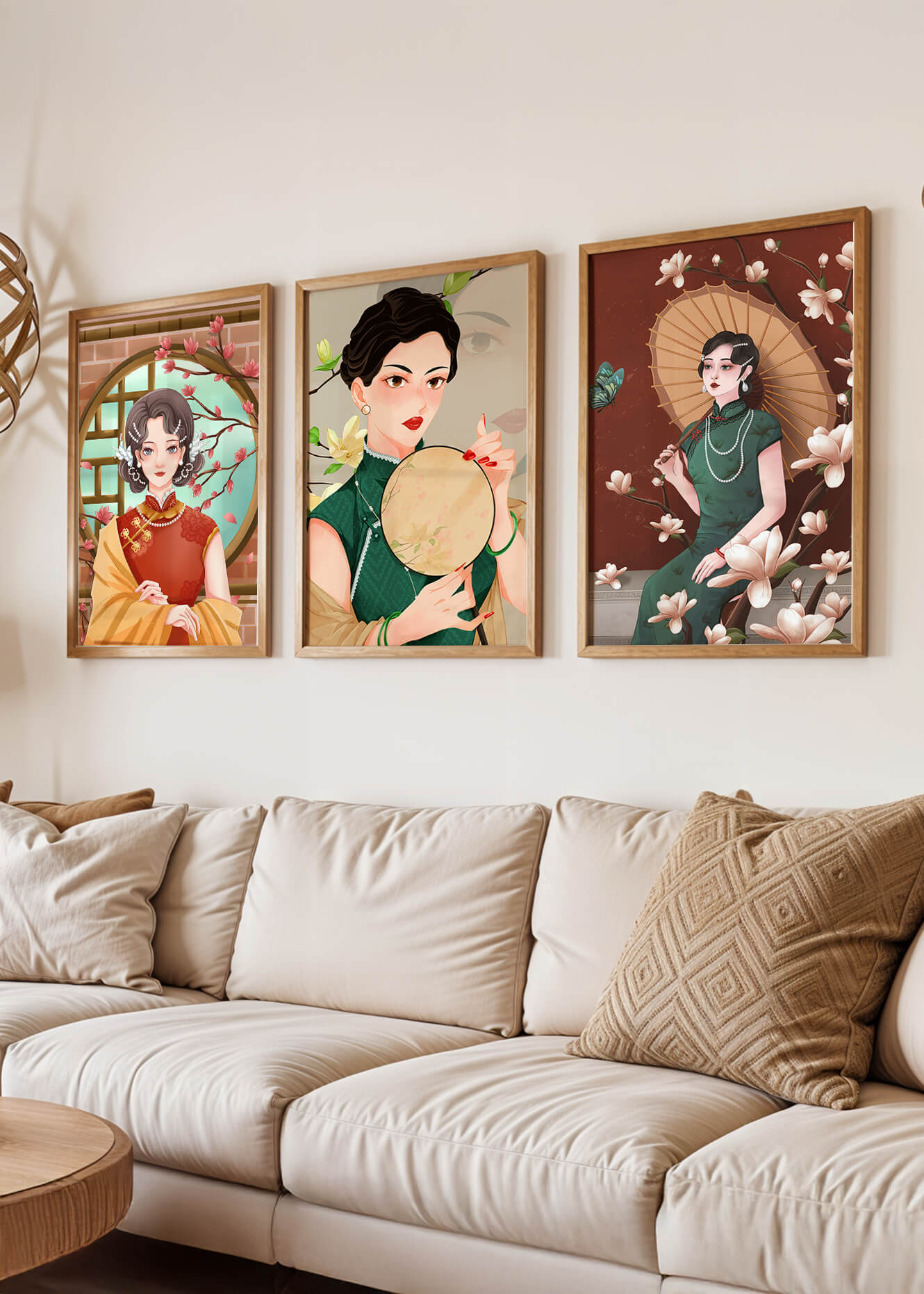 Cuadros Decorativos con Mujeres y Motivos Florales Asiáticos