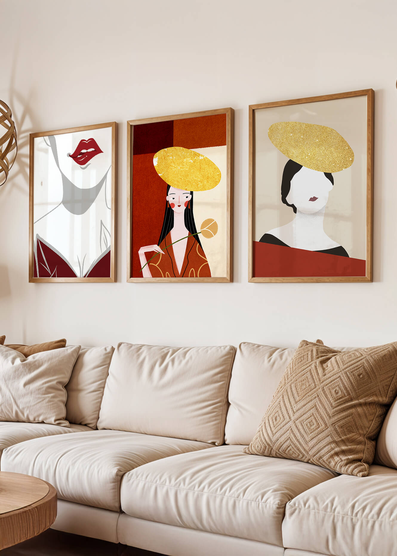 Triptyque moderne avec touches dorées et minimalisme