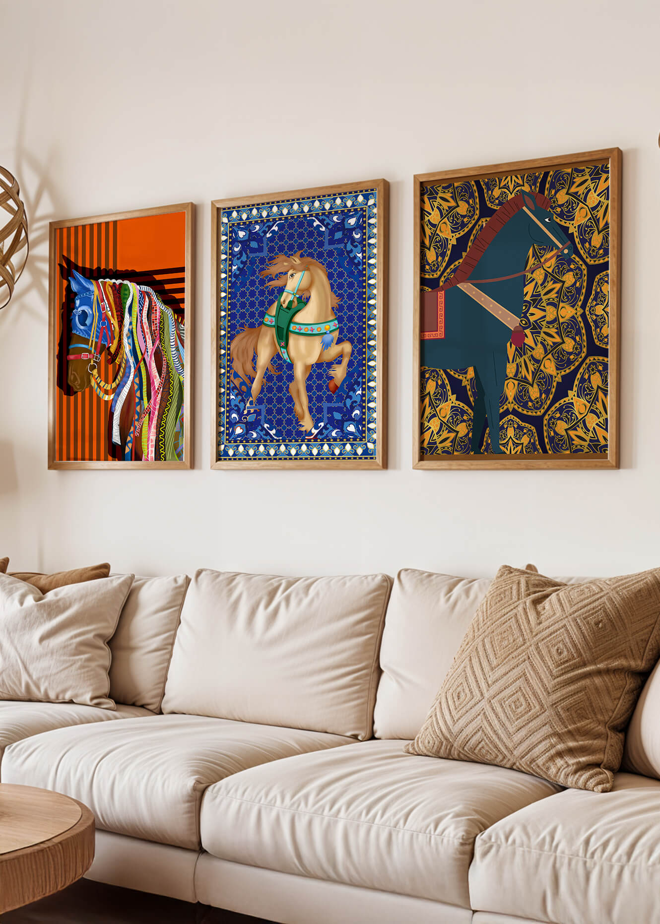 Mur avec trois tableaux de chevaux aux motifs colorés sans cadre