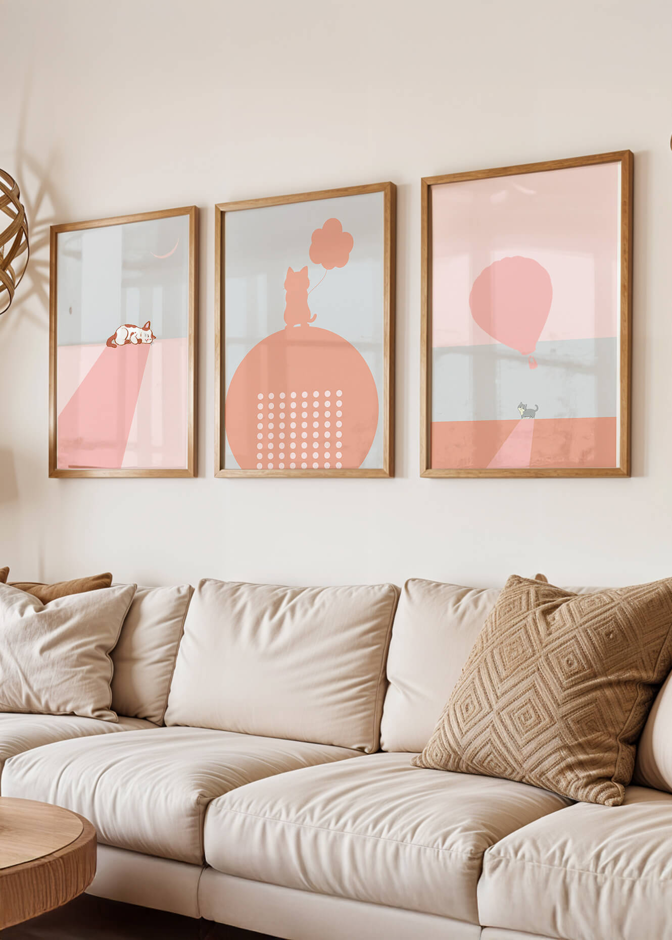 Triptyque minimaliste avec chats et ballon en ton rose