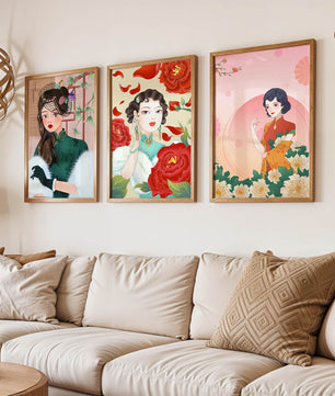 Conjunto De Impresiones Artísticas Inspiradas En Moda Asiática Con Elementos De Flores