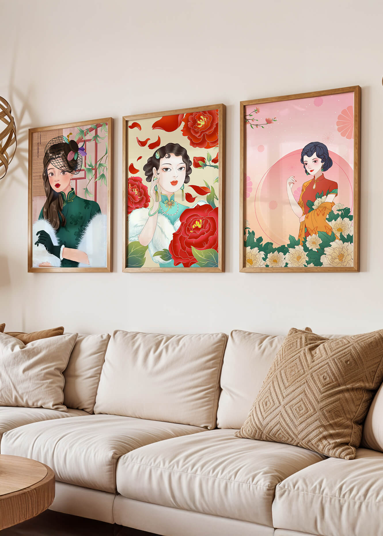 Conjunto De Impresiones Artísticas Inspiradas En Moda Asiática Con Elementos De Flores
