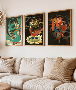 Ensemble d’affiches de style asiatique avec motifs floraux et dorés