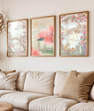 Triptyque oriental de paysages en tons pastels