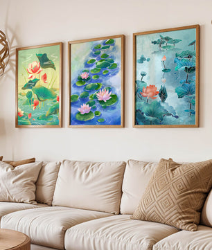 Triptyque d'aquarelles de fleurs de lotus au design moderne