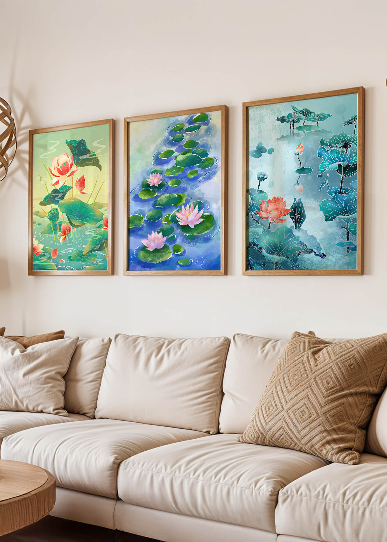 Tríptico de acuarelas de flores de loto en diseño moderno