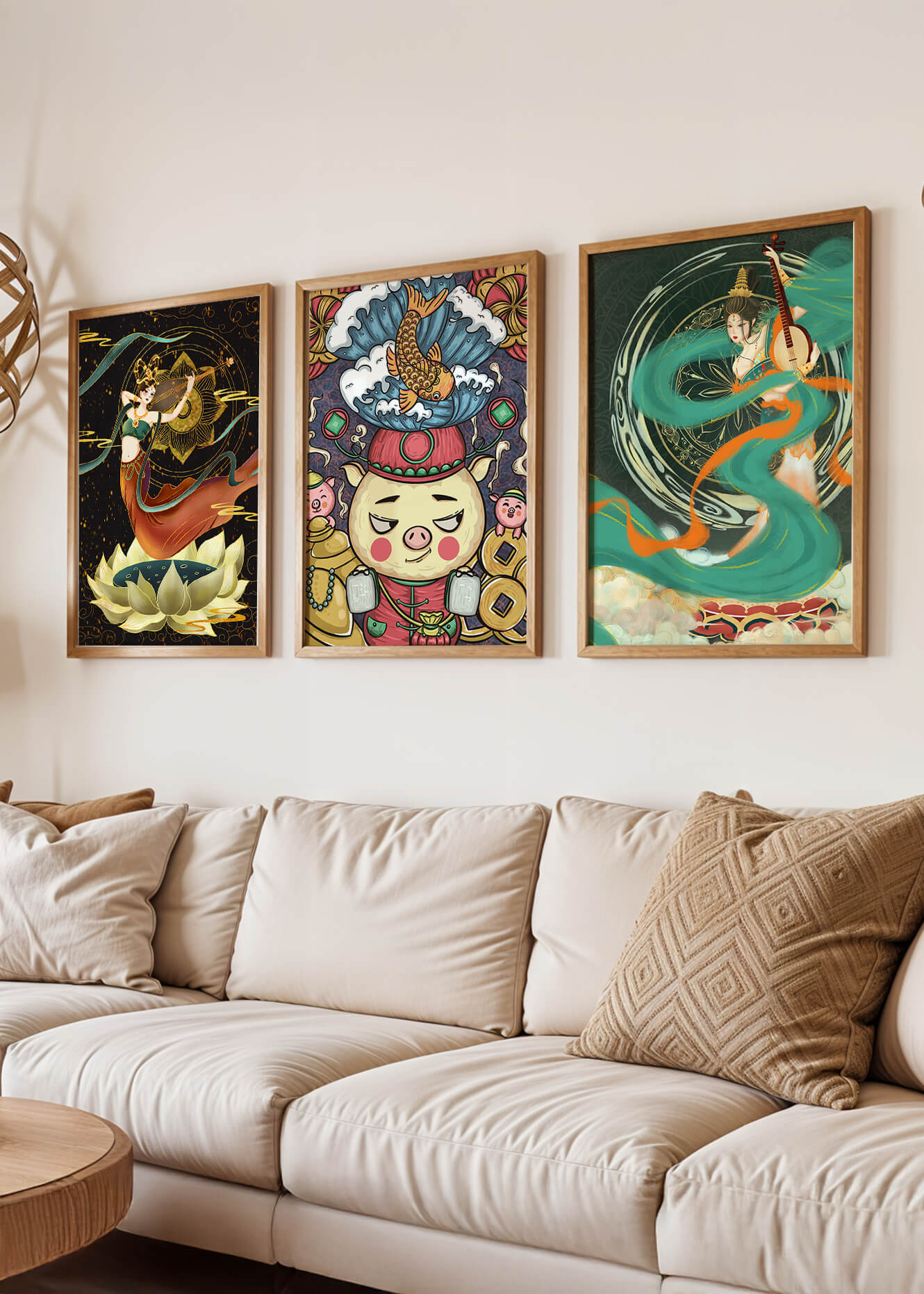 Conjunto De Arte Asiático Con Motivos Tradicionales