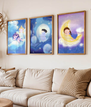 Images enfantines de rêves en couleurs pastel avec lune et nuages