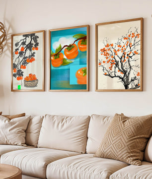 Tableaux avec motifs de kakis dans des tons orange et bleu