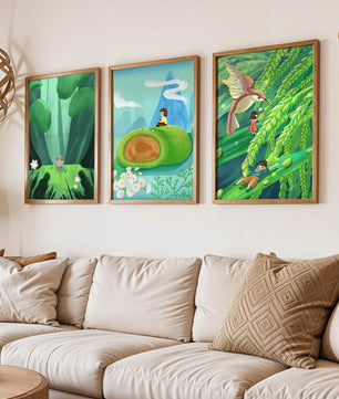 Mur Avec Trois Impressions Artistiques De Paysages Naturels Oniriques