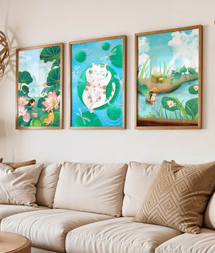 Ensemble d'illustrations artistiques pour enfants avec des chats et la nature