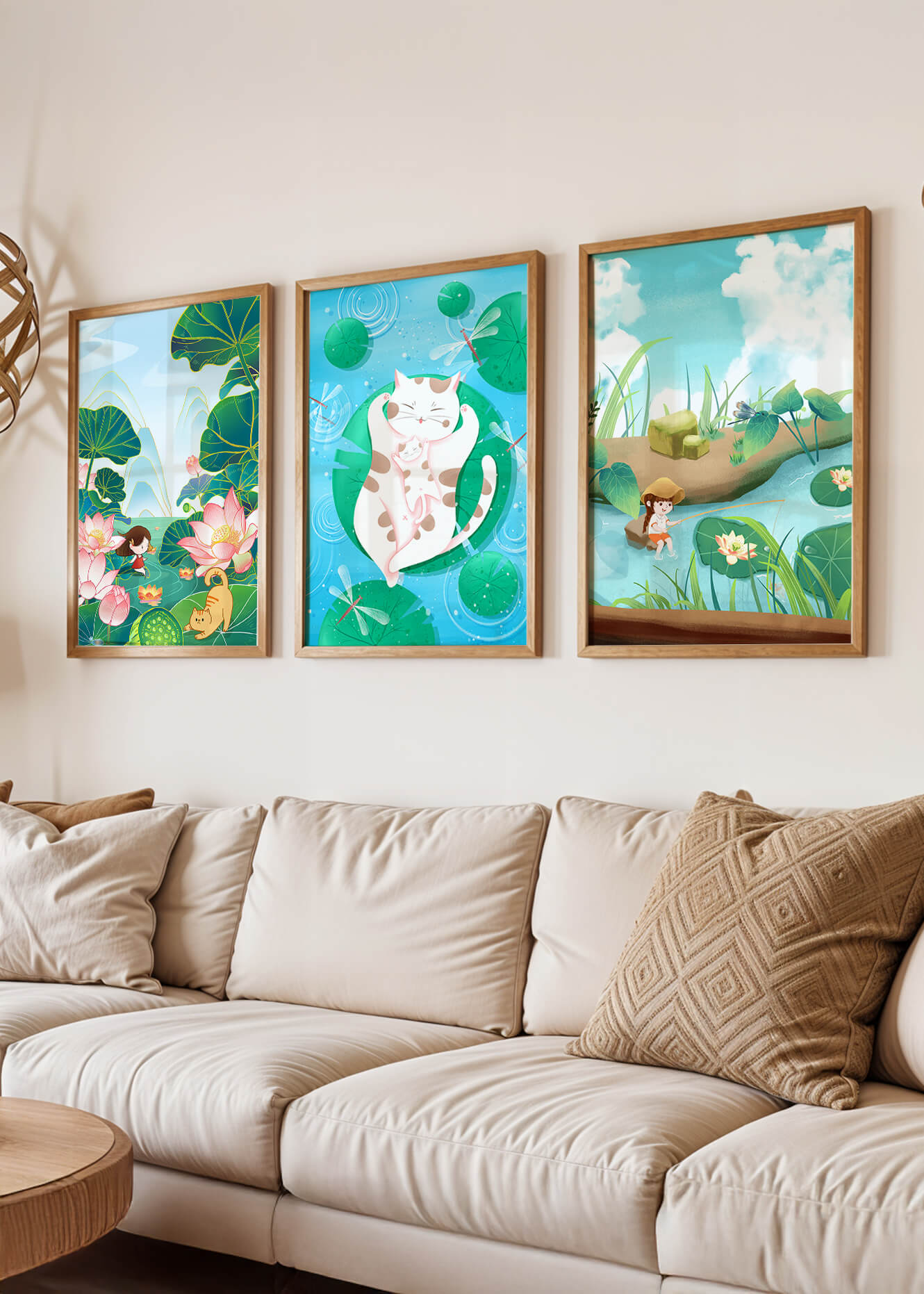 Ensemble d'illustrations artistiques pour enfants avec des chats et la nature