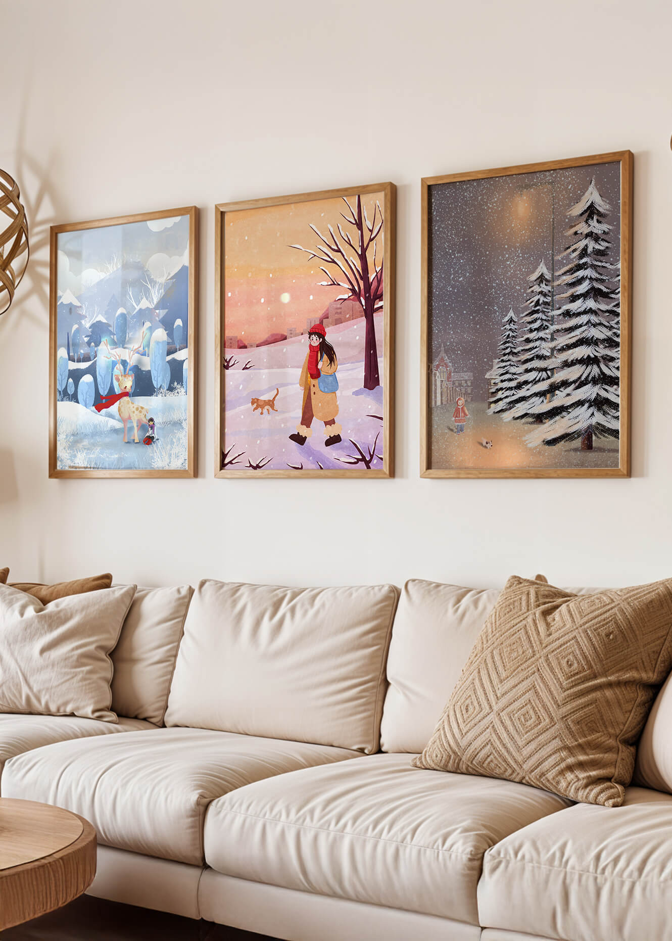 Conjunto de Tres Ilustraciones de Invierno en Tonos Cálidos y Fríos