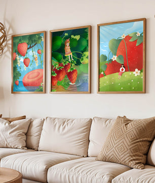 Ensemble d’illustrations de fraise avec une fillette dans un environnement naturel
