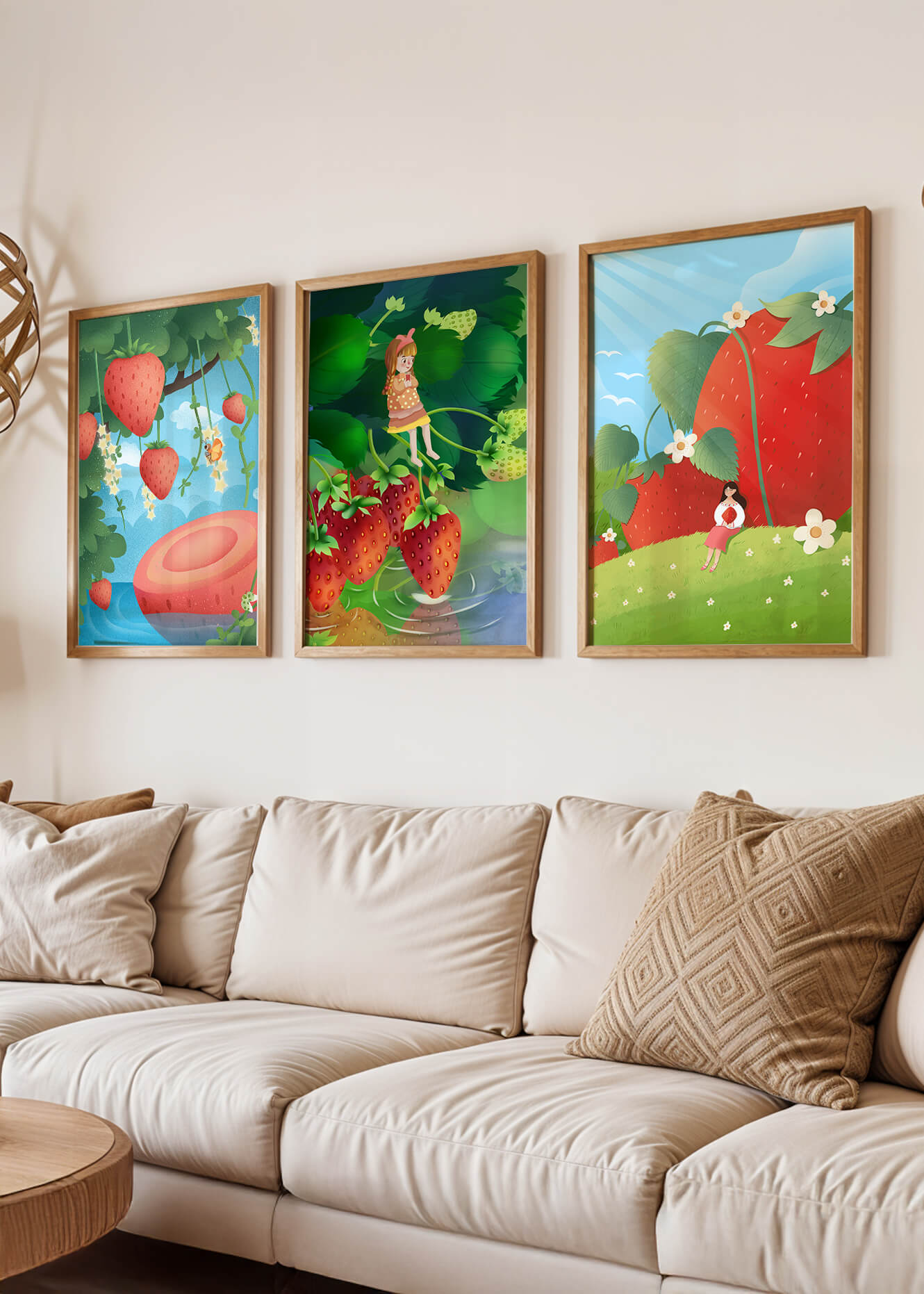 Ensemble d’illustrations de fraise avec une fillette dans un environnement naturel