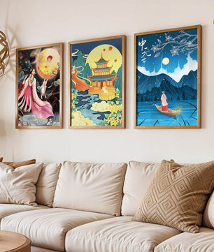 Ensemble d'art oriental avec paysages mystiques et pleine lune