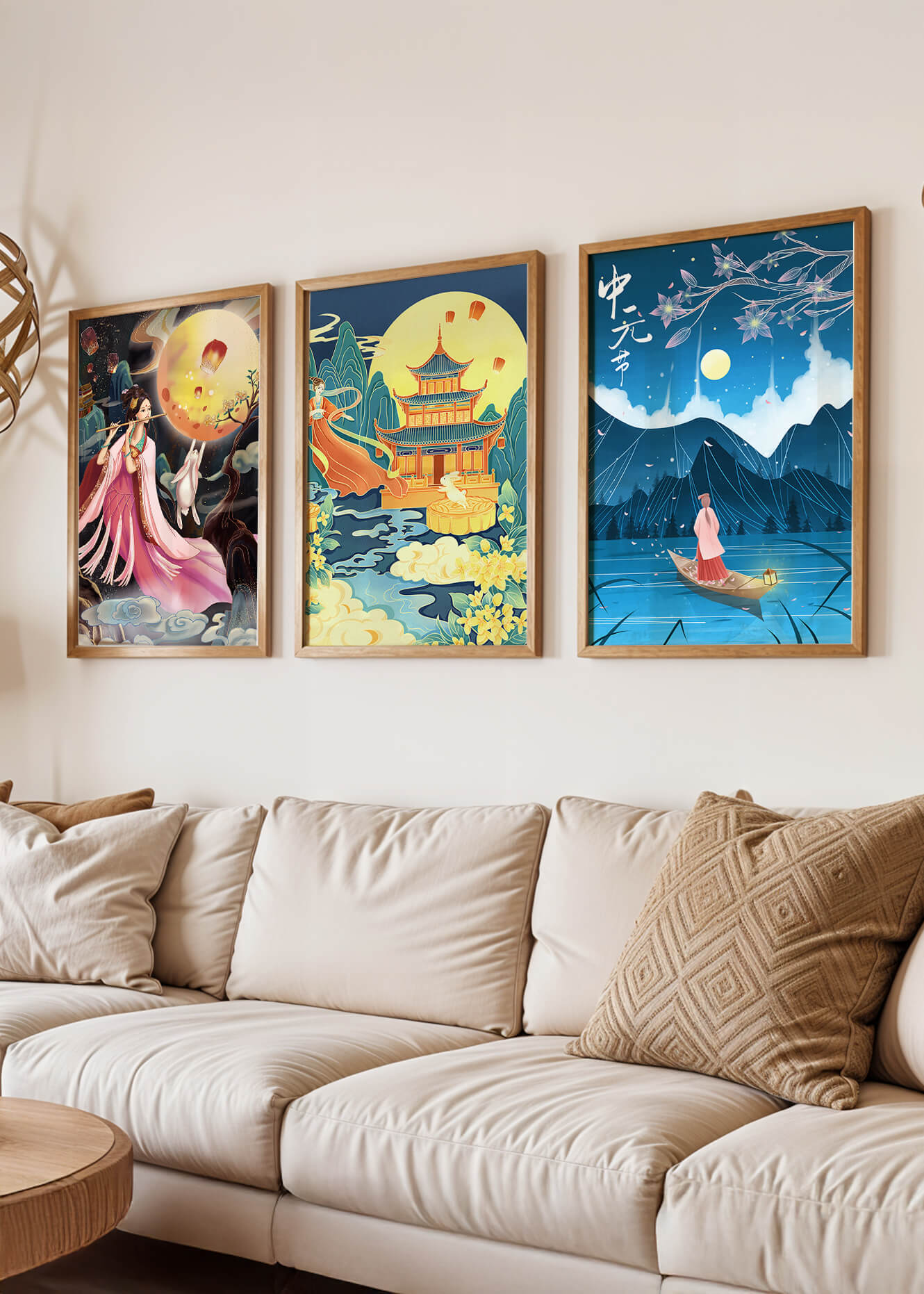 Conjunto de Arte Oriental con Paisajes Místicos y Luna Llena