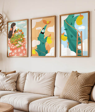 Ensemble de trois tableaux avec des illustrations colorées