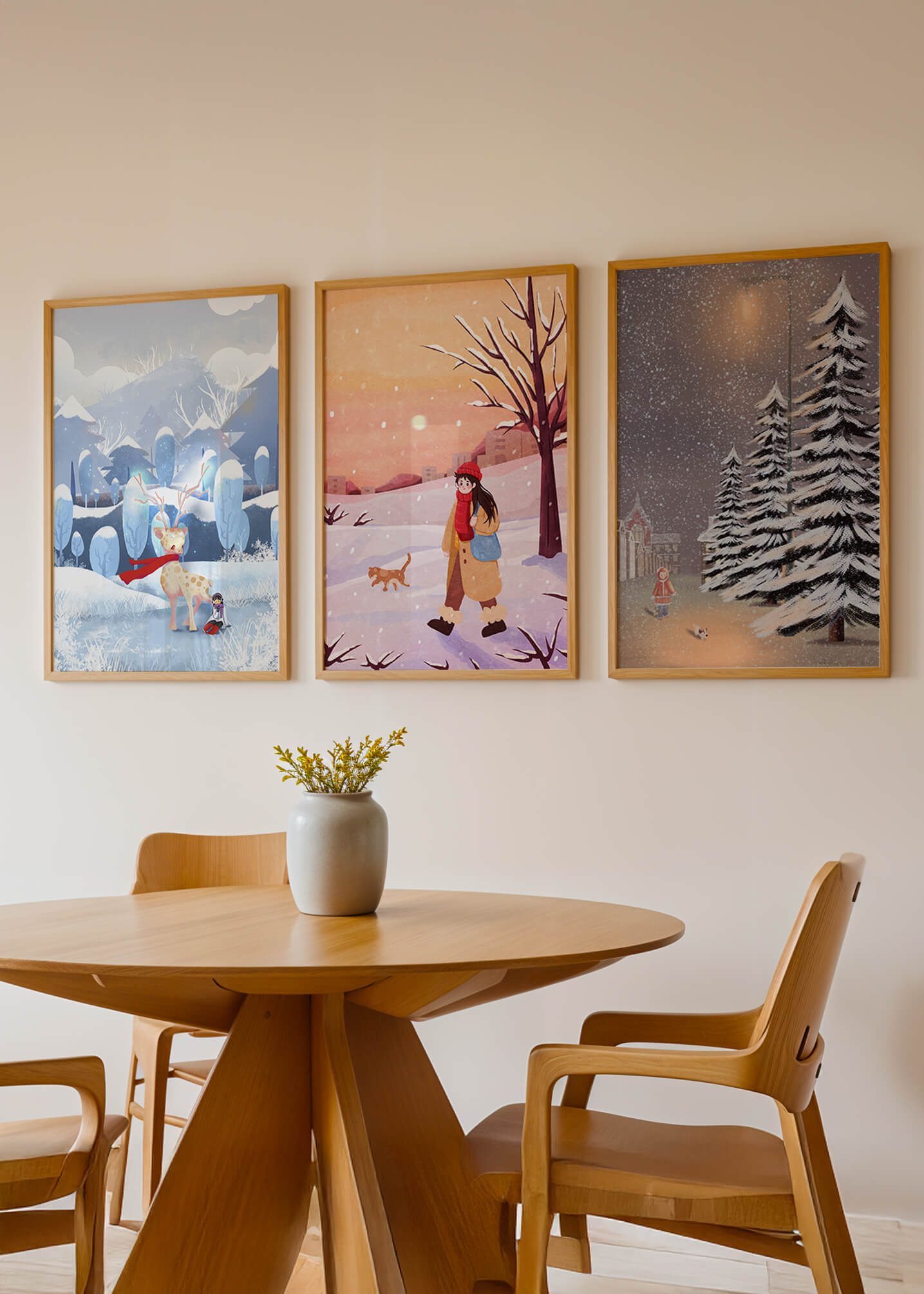 Conjunto de Tres Ilustraciones de Invierno en Tonos Cálidos y Fríos