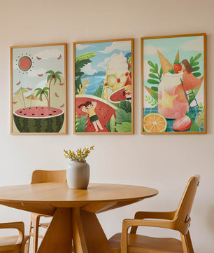 Ensemble d'illustrations estivales avec des fruits et des scènes tropicales
