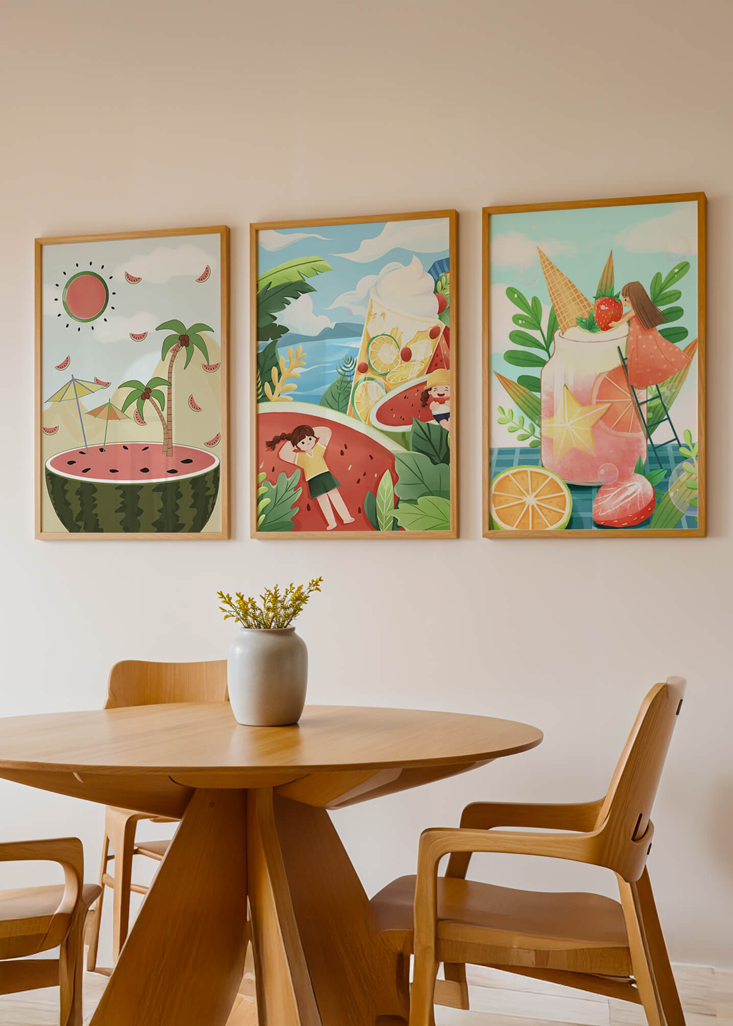 Conjunto de Ilustraciones Veraniegas con Frutas y Escenas Tropicales