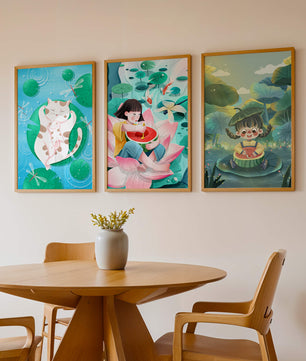 Illustrations colorées avec chat et enfants dans un paysage naturel