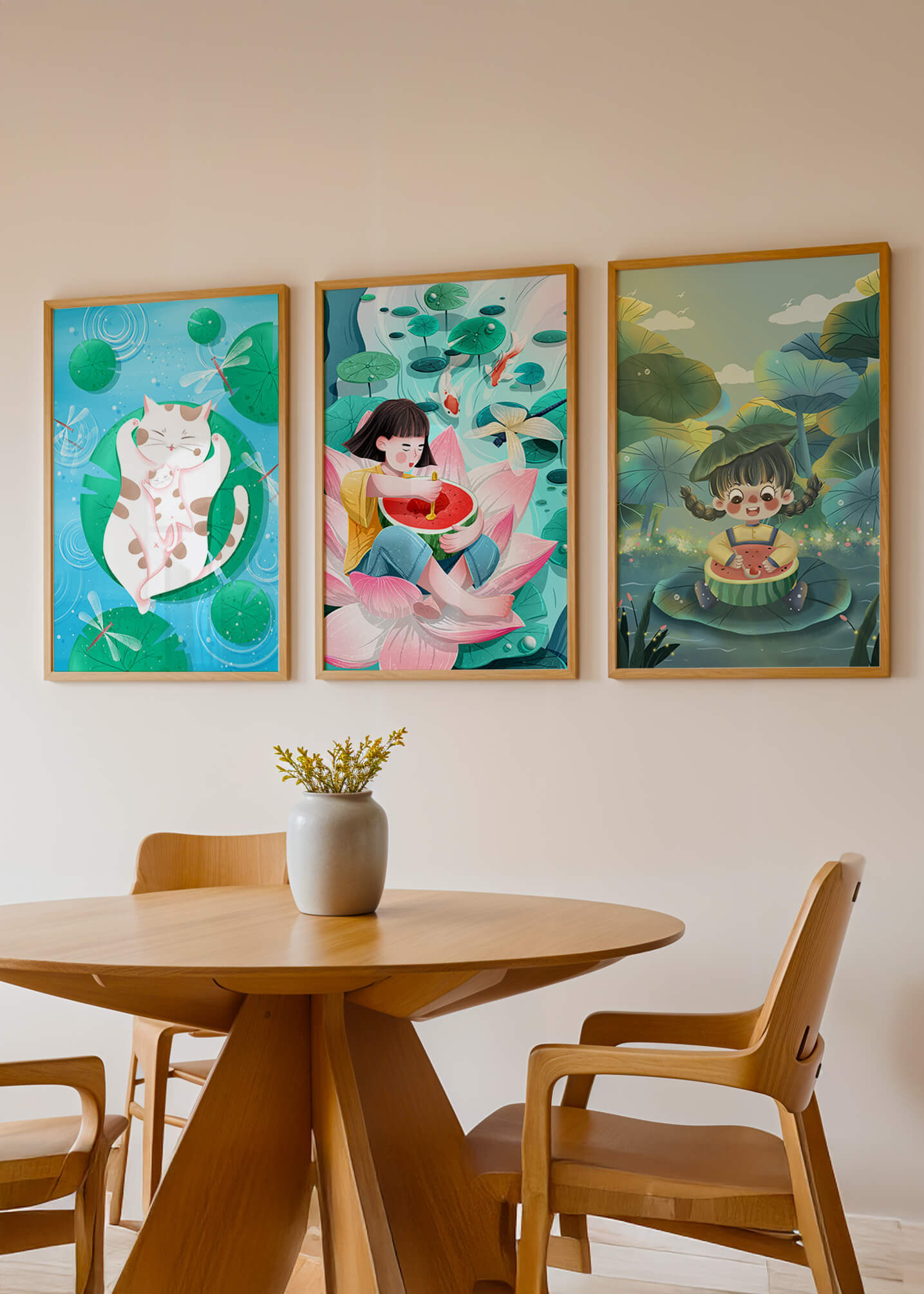 Illustrations colorées avec chat et enfants dans un paysage naturel