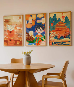 Triptyque d'art asiatique sur le thème des lanternes et de la culture traditionnelle
