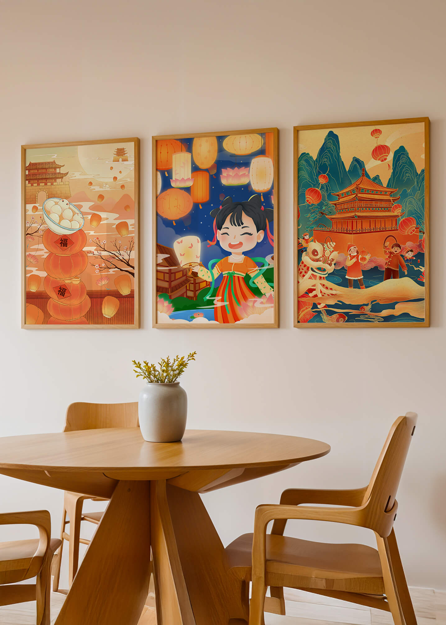 Triptyque d'art asiatique sur le thème des lanternes et de la culture traditionnelle