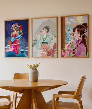 Moderne asiatische Kunst mit Frauen und Natur