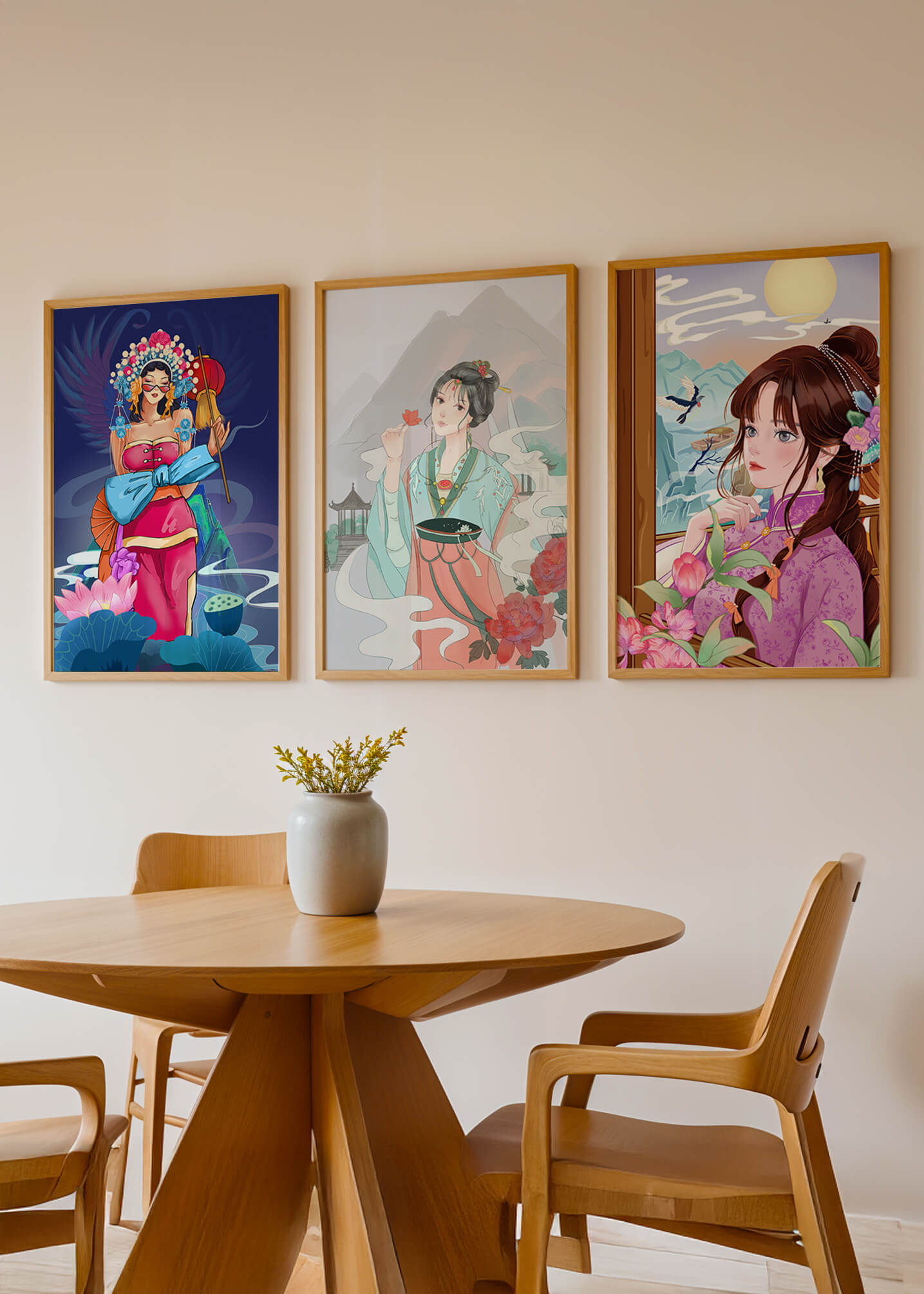 Moderne asiatische Kunst mit Frauen und Natur