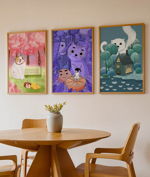 Triptyque d’illustrations de chats dans des paysages magiques