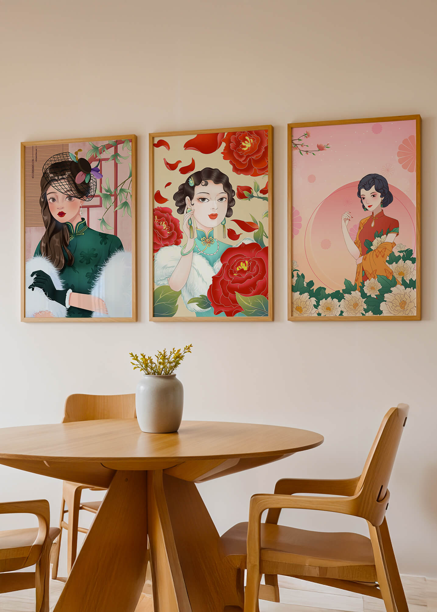 Conjunto De Impresiones Artísticas Inspiradas En Moda Asiática Con Elementos De Flores