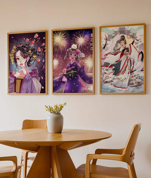 Triptyque d’art anime avec estampes de personnages en kimono