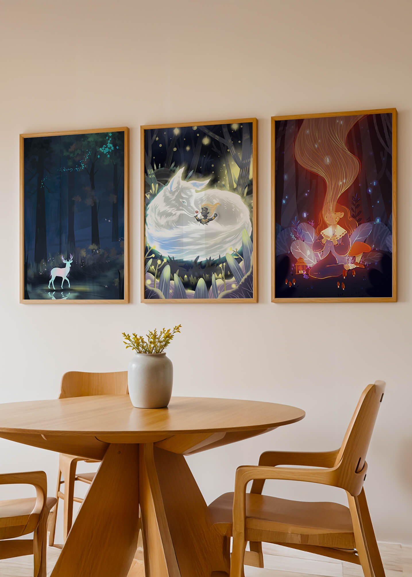 Exhibición De Arte De Fantasía Con Criaturas Místicas En Un Entorno Natural