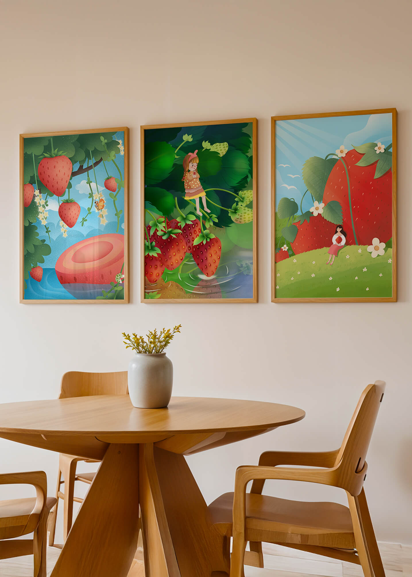 Ensemble d’illustrations de fraise avec une fillette dans un environnement naturel