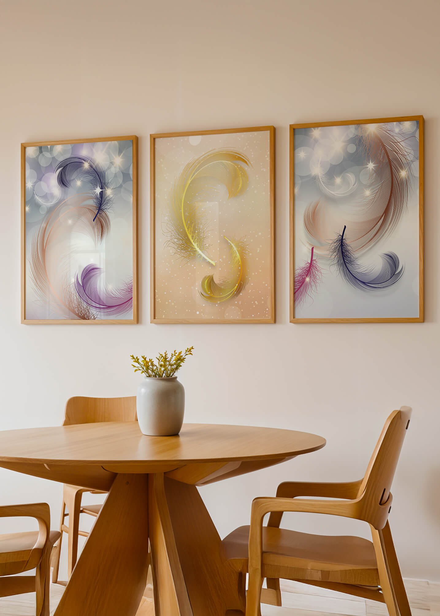 Art abstrait avec des plumes dans des tons pastel