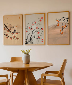 Conjunto de Obras de Arte con Ramas y Frutas en Estilo Oriental