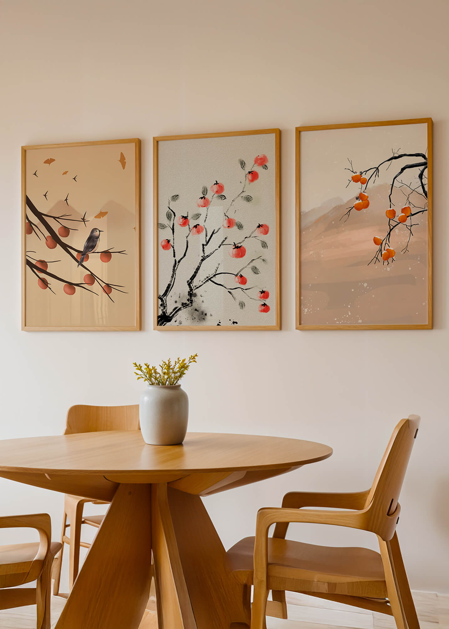 Conjunto de Obras de Arte con Ramas y Frutas en Estilo Oriental