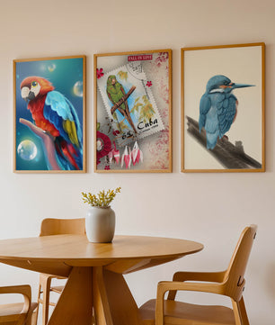 Arte Decorativo con Pájaros Coloridos en Impresión de Alta Calidad