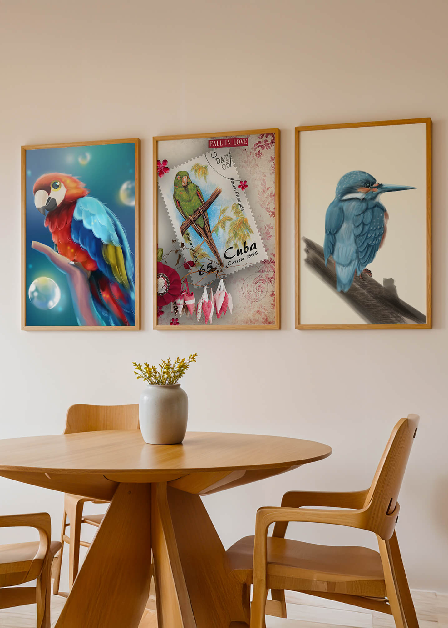 Arte Decorativo con Pájaros Coloridos en Impresión de Alta Calidad